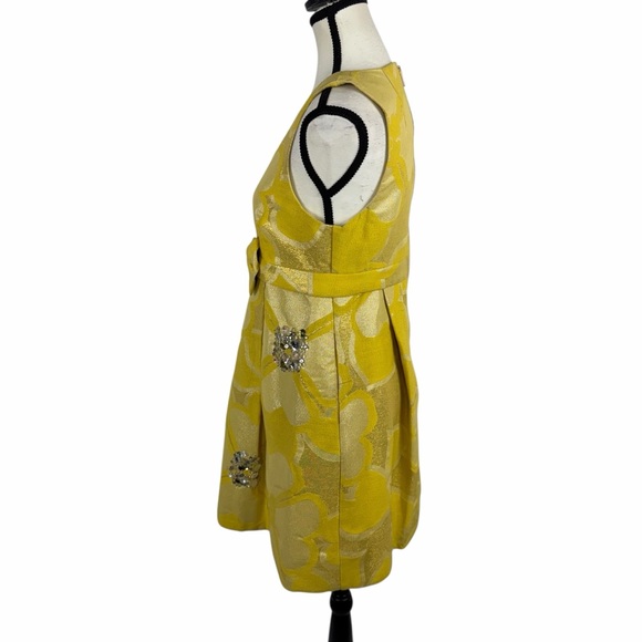 Marc by Marc Jacobs Embellished Bow Midi Dress 6 Yellow Floral Jacquard A-Line - Picture 3 of 13